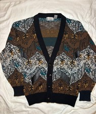 Vintage City Streets Button Cardigan, M, Aztec Geometric Leather Accent, Grandpa