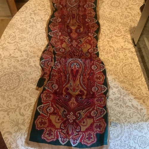 Oscar De La Renta Rectangular 100% Silk Scarf Green Gold Red 11"x 52"