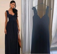 Radiant Charisma Navy Chiffon Ruched Tie-Strap Maxi Dress L