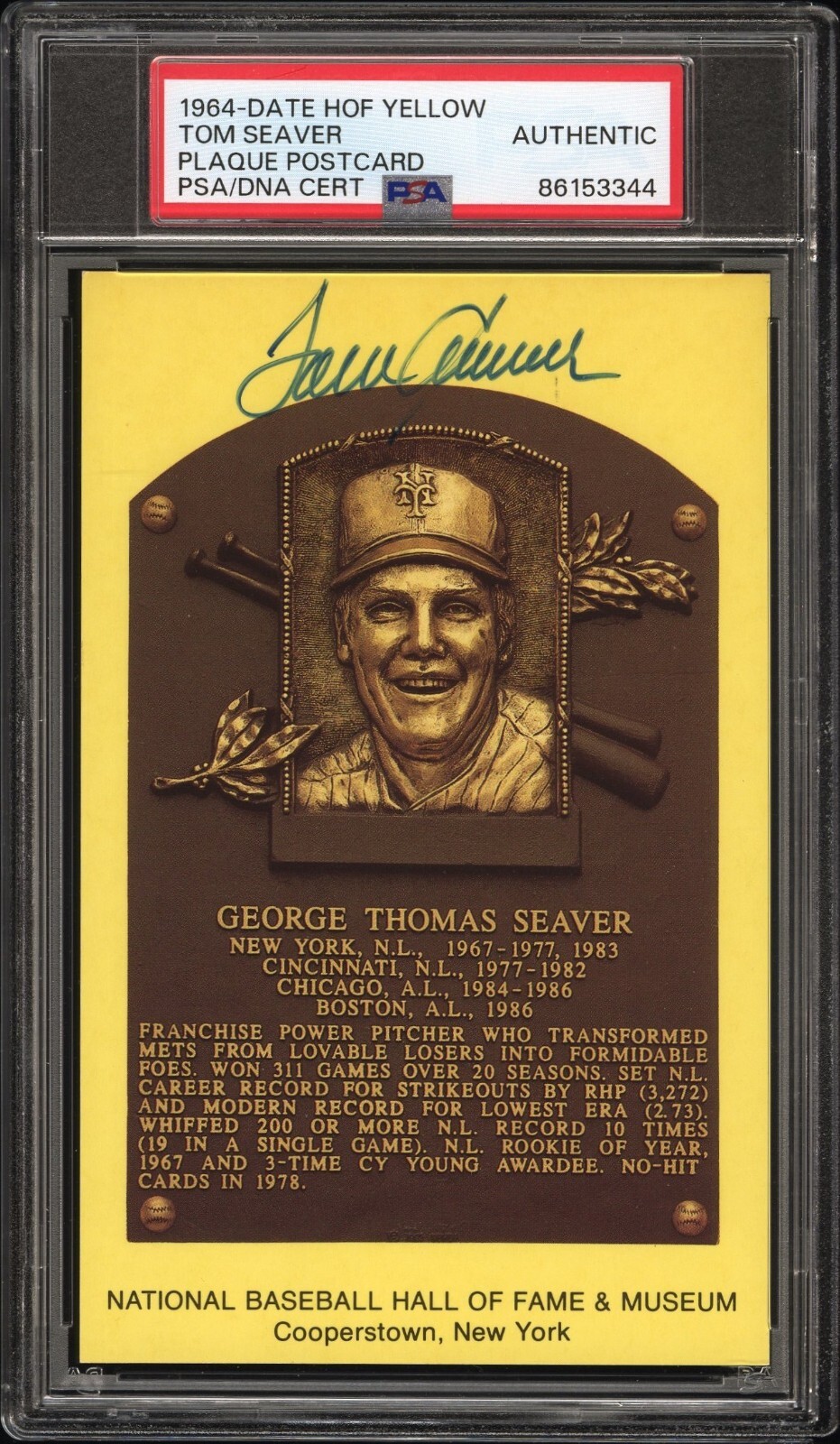 Tom Seaver Hall of Fame Plaque Yellow Postcard “Autograph" - PSA/DNA Authentic