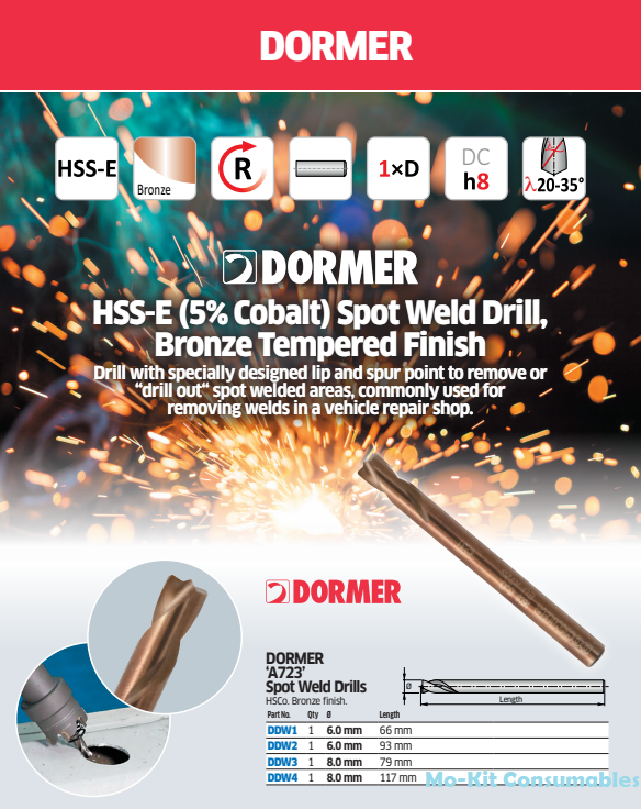 DORMER A723 Spot Weld Stub Drill Cobalt (HSCo HSSE) 6mm 8mm 10mm (66mm