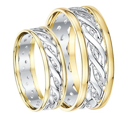 His & Hers 6 & 7 mm 9 kt Gold zweifarbig keltische Eheringe