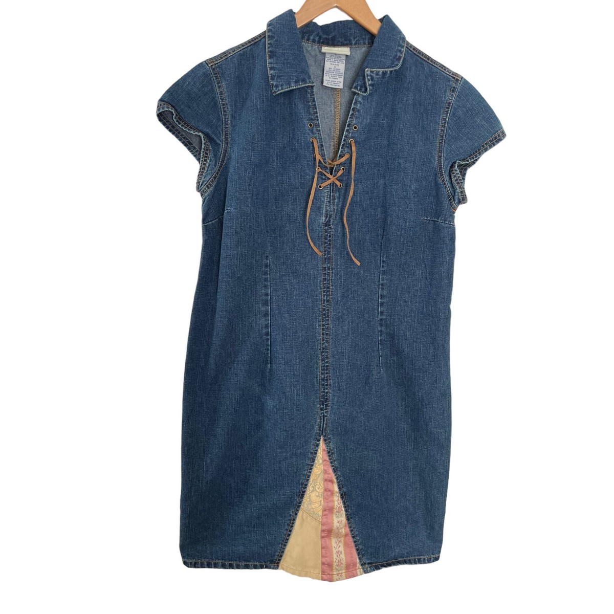 Vintage Y2K Faded Glory Denim Mini Shirt Dress Size 14 Lace Up