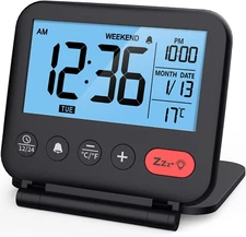 Digital Travel Alarm Clock for Bedroom Office: Small LCD Desk Clock with Backlig