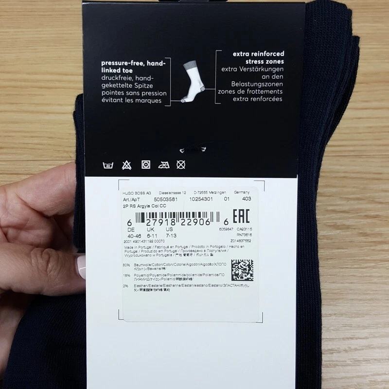 HUGO BOSS Crew Dress Socks Mens 7-13 Navy Argyle Solid 2-Pack Logo Cotton Blend - Image 3 of 4