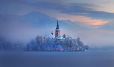 Landscape building winter snow ice mist mountains lake Custom Gaming Mat Desk