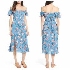Band of Gypsies Off the Shoulder Floral Midi Tea Length Dress Blue Boho Flowy