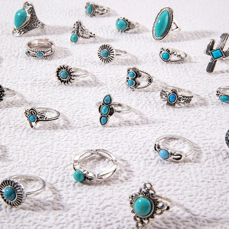 50Pcs Women Rings Vintage Boho Blue Stone Turquoise Wholesale Mix Styles Ethnic - Image 4 of 4