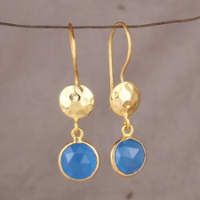 18k Yellow Gold Plated 925 Sterling Silver Blue Chalcedony Gemstone Earring