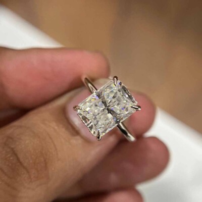 11x9mm Radiant Cut Moissanite Hidden Halo Engagement Ring 14K White Gold Plated