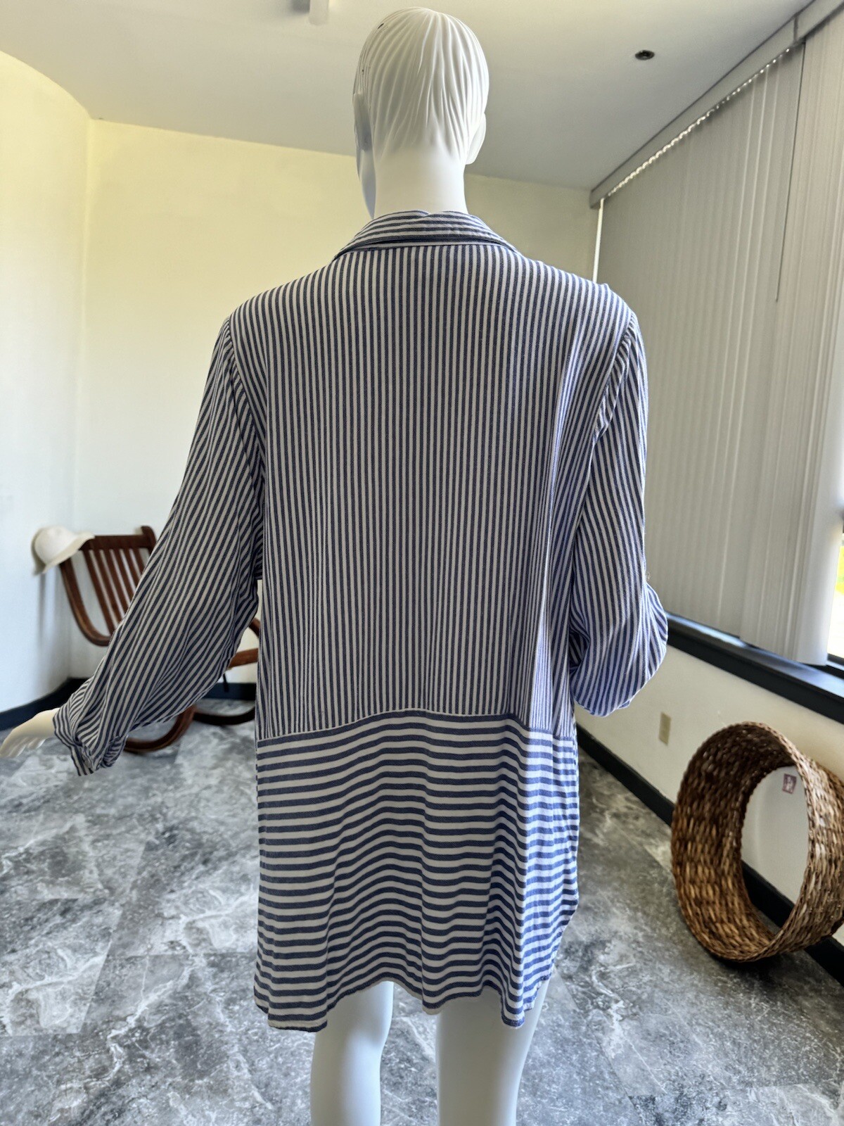 CJ Banks-1X-blue And White Striped V-neck Button Down Shirt