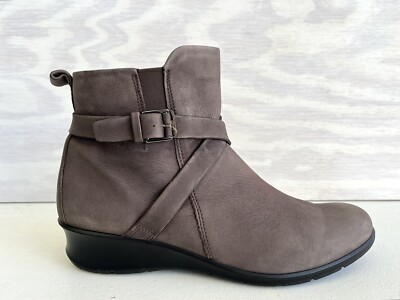 Ecco Abalone Taupe Nubuck Cross Buckle Zip Up Low Wedge Ankle Boot 42/US 11-11.5
