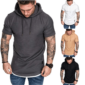 Mens-Slim-Fit-Short-Sleeve-Shirts-Hooded-Muscle-Tops-Hoodie-Casual-Basic-T-shirt