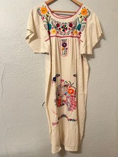 Vtg 70s Cotton Oaxacan Mexican Dress Colorful Embroidered Flower Peacock