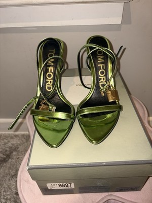 Tom Ford Padlock Acid Green Metallic Strappy Stiletto Heels EU 38