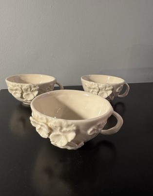 Belleek Ireland Style  Fine Parian Pansy Porcelain Teacups Set Of 3