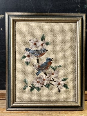 Vintage Needlepoint Birds Flowers Framed Handmade