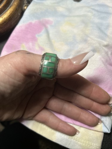 Handcrafted Silver Band Ring Green Square Turquoise Zuni Inlay Size 8