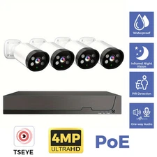 4PCS 4MP Bullet Security Camera 8CH POE NVR Outdoor System One-Way Audio NO HDD