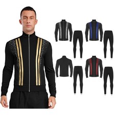 Mens Dancewear Gymnastics Set Shirt Outfit Dance Metallic Pants Stripes Jacket