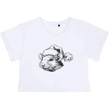 'Happy Rat Wearing Santa Hat' Women's Cotton Crop Tops (CO059048)