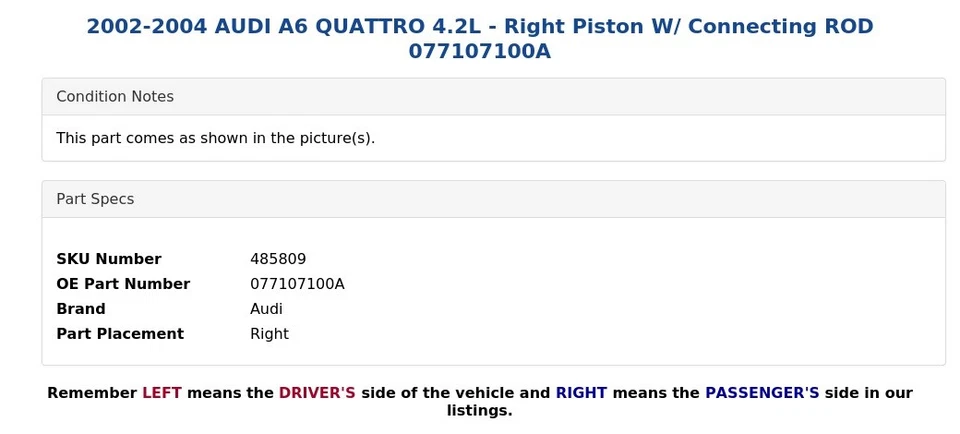 AUDI A6 QUATTRO 2002-2004 4,2 L - Pistón derecho con varilla de conexión 077107100A Foto 3 de 4
