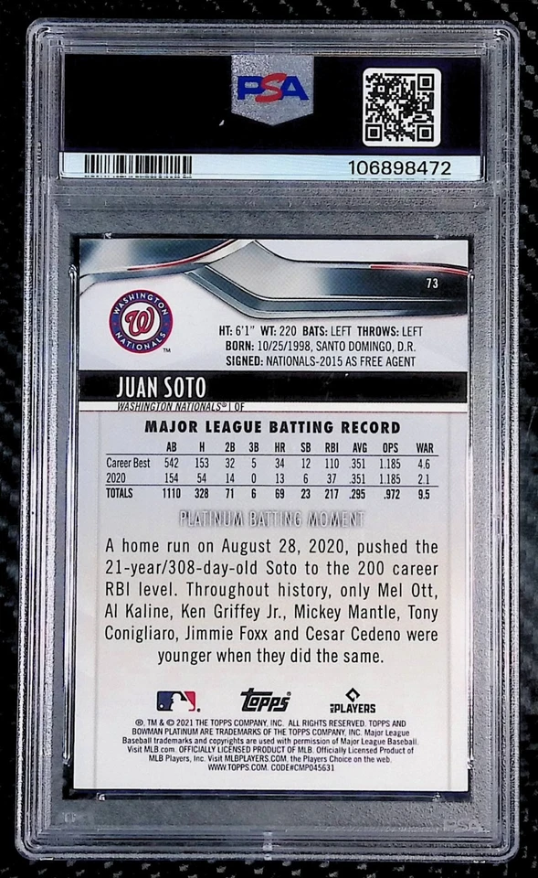 Juan Soto - 2021 Bowman Platinum #73 Gold Refractor #35/50 - PSA 10 - Nationals - Image 2 of 3