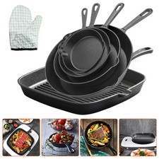 5 in 1 Cast Iron Cookware Set with Skillets Grill Pan and Heat Resistant Glove