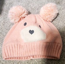 GAP Pink Knit Bear Beanie Hat Lined Pom Pom Accents M/L Acrylic Blend