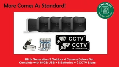 Blink Generation 3 Outdoor 4 Kamerasystem Deluxe Set mit 64GB + 2 CCTV Schilder