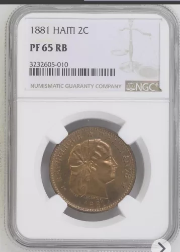 1881 2C Haiti NGC PF65 RB top graded Coin 2 Centimes Bronze KM#43