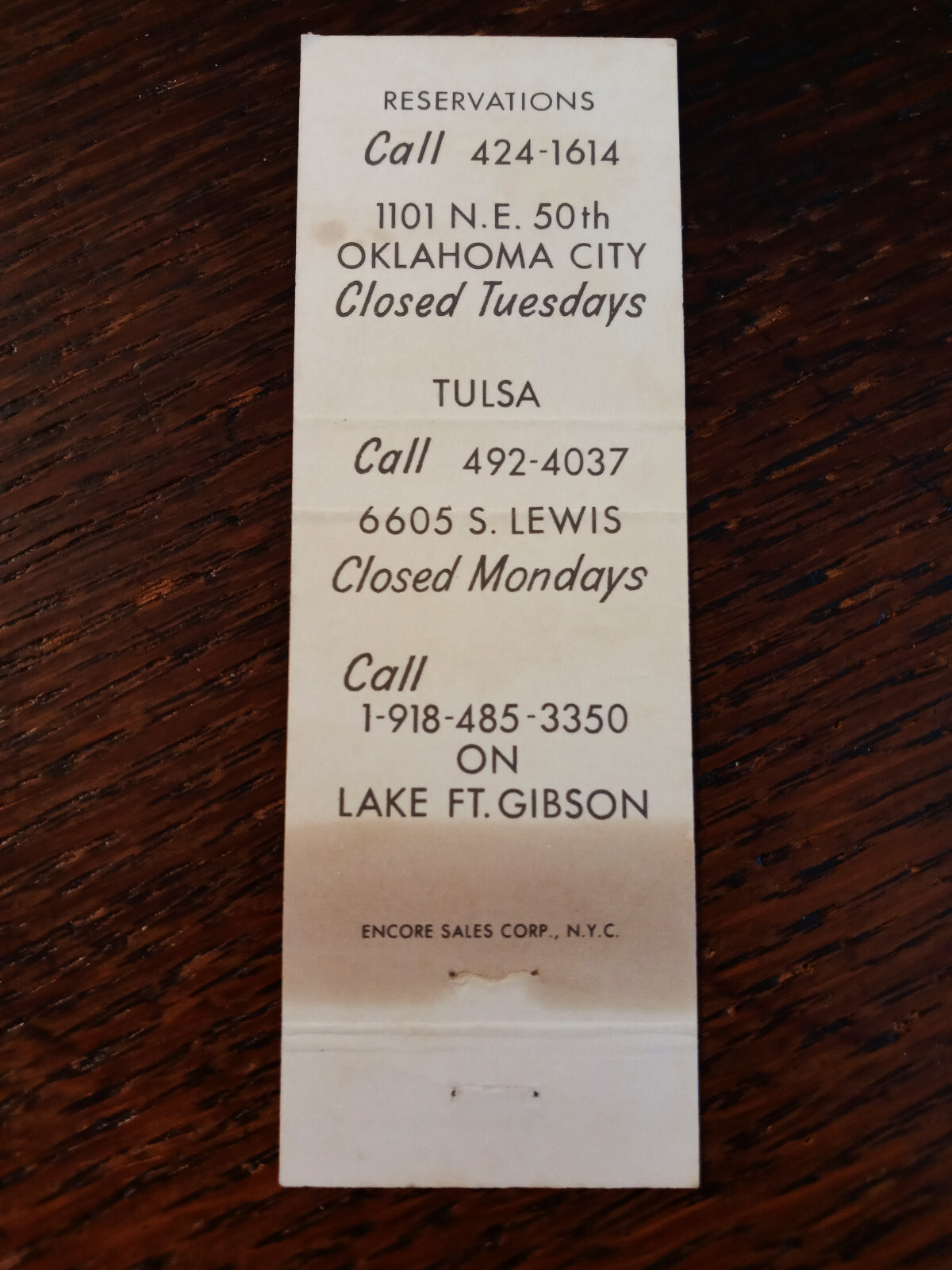 Vintage Matchcover Sleepy Hollow Restaurant, Tulsa & Oklahoma City, OK