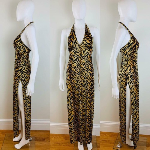 MEOW Vtg 1970s Tiger Stripe Halter Maxi Dress Nigh