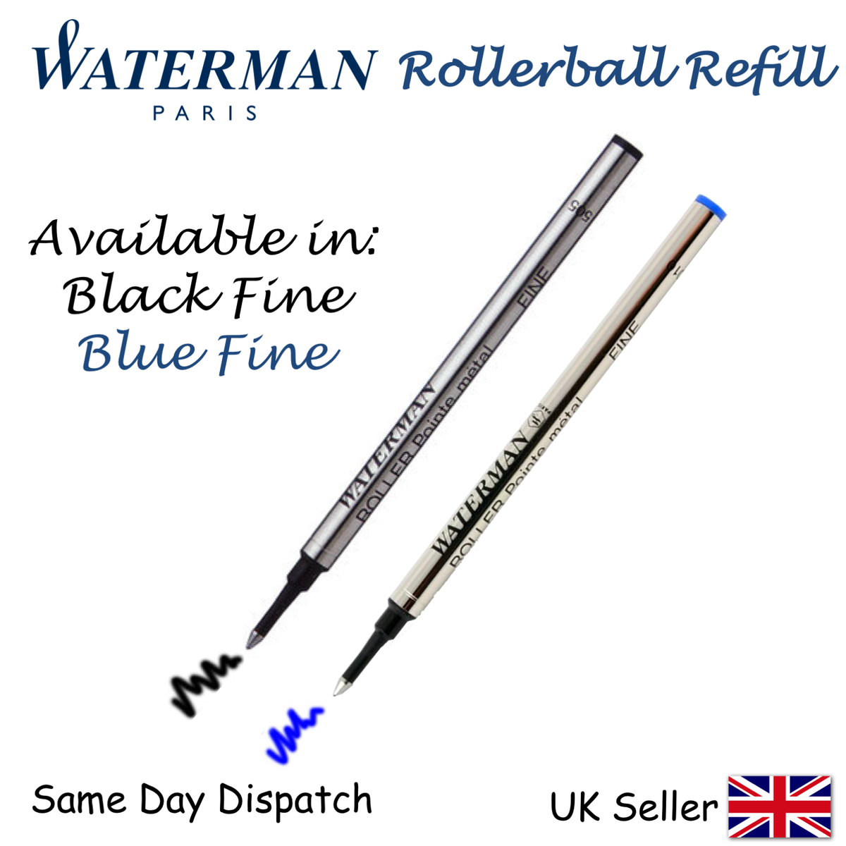 GENUINE WATERMAN ROLLERBALL REFILL FINE BLACK BLUE UK