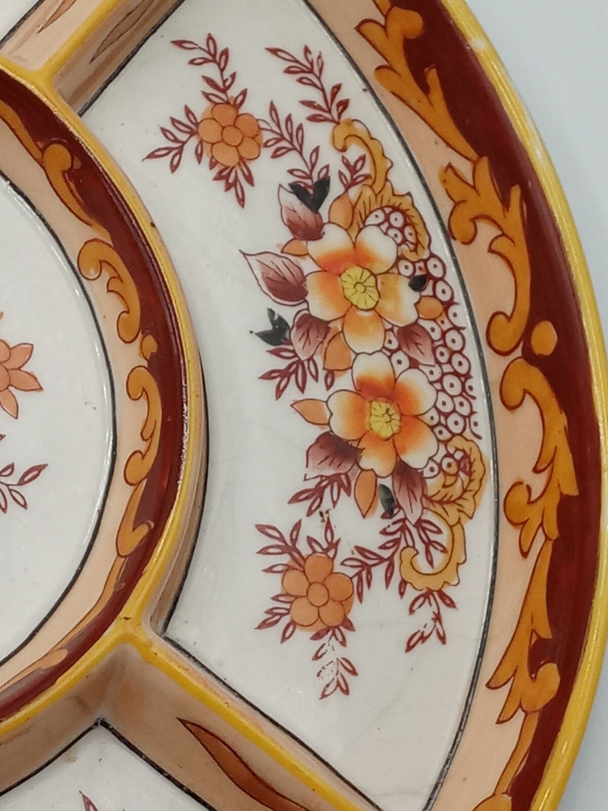 Antique Divided Serving Dish Platter Bright Orange Handpainted Floral