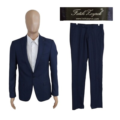 NEW Fatih Zeyrek Slim Fit 2 Piece Blue Polka Dot Orange Check Suit 40R Unhemmed