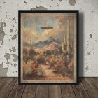 Vintage UFO CACTUS FLOWER Wall Art, Alien Botanical Poster, Sci-fi Western Decor