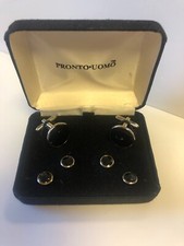 Pronto Uomo Cufflinks and Stud Set - Silver/Black