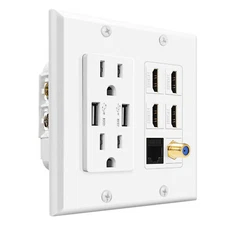 Wall Plug Outlet Plate 2 Gang White w/ 2 USB, Power,HDMI Port, Rj45, Coaxial