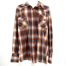 Roper brown plaid womens cotton western shirt (XL) snap buttons