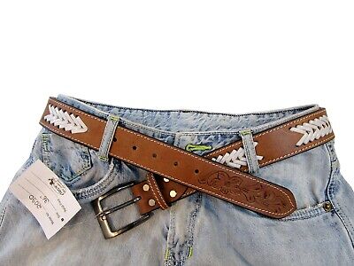 BUFFALO HIDE TAN LEATHER WESTERN LEATHER MENS JEANS PANTS BELTS METALIC  BUCKLE