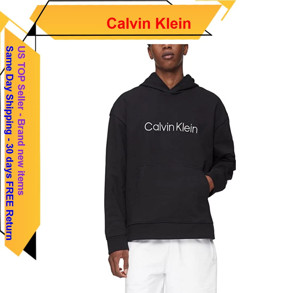 Calvin Klein Menu0026#039;s Relaxed Fit Logo French Terry Hoodie, Black Beauty,  2XL | eBay