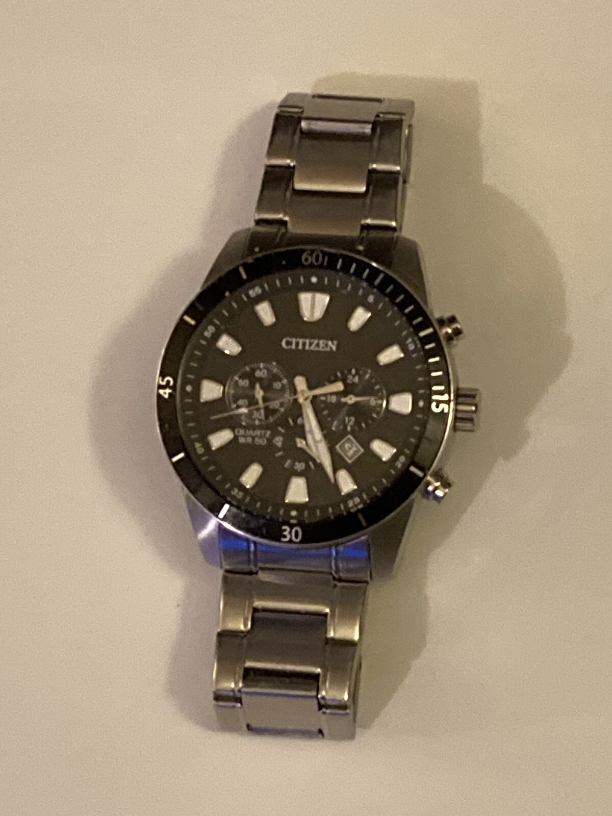 Citizen Men's WR50 Silver Stainless Steel Chronograph 45mm Black Dial