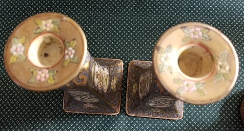 Vintage Macau Japanese Floral Candlestick Candle Holders Gold Blue Estate - Picture 3 of 4