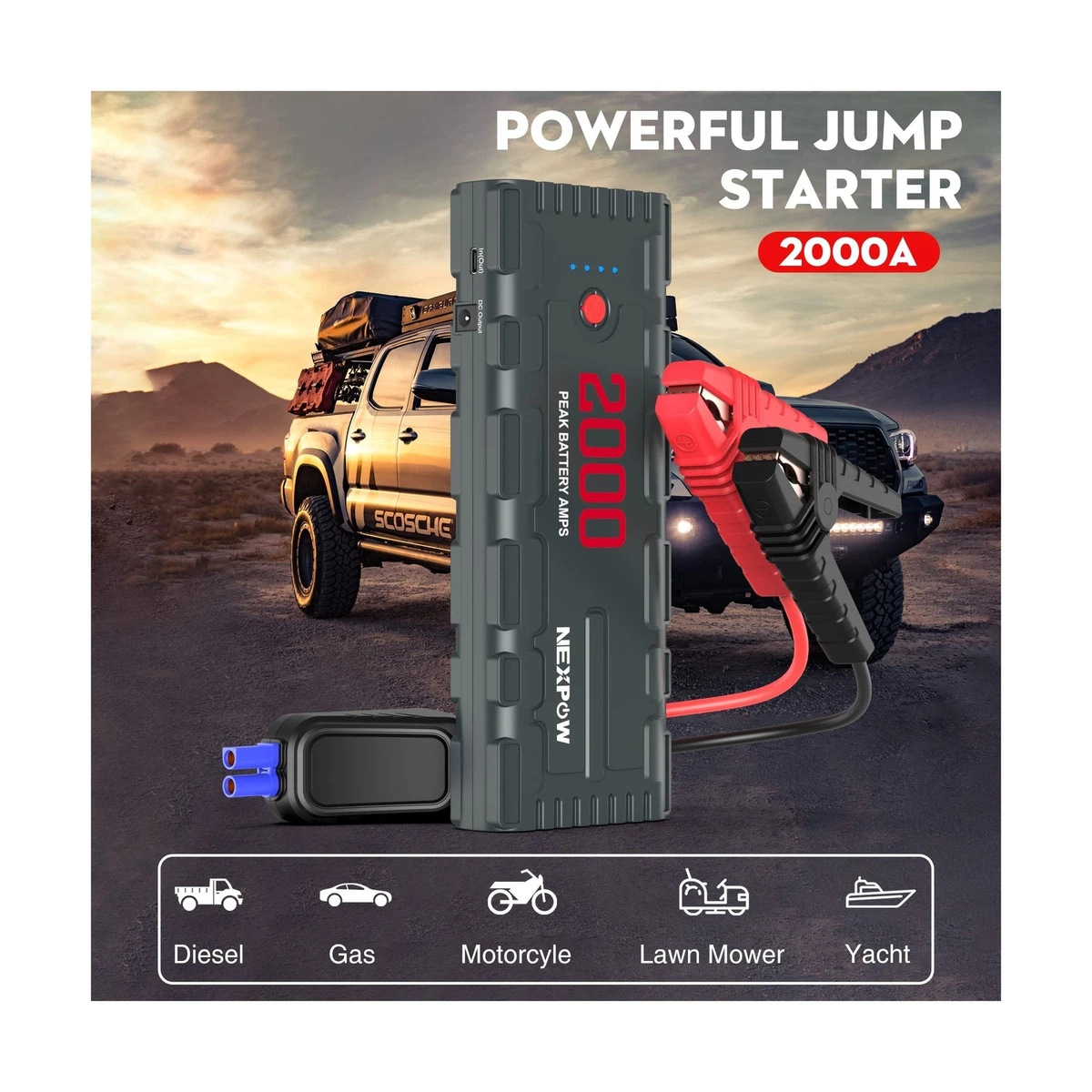 NEXPOW Car Jump Starter, 2000A Peak 12V Portable Car Battery Starter, Auto  Battery Booster, Lithium Jump Box with LED Light/USB Quick Charge 3.0,  Black