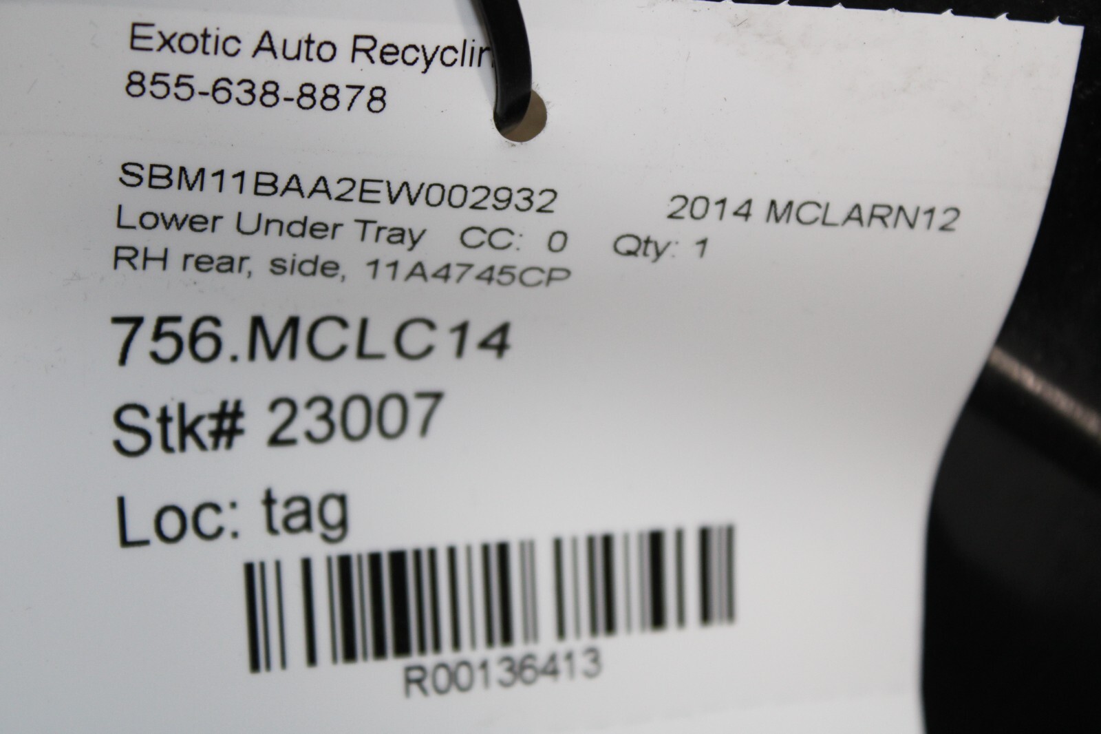 McLaren MP4-12C, RH, Right, Rear Side Lower Under Tray, Used, P/N 11A4745CP