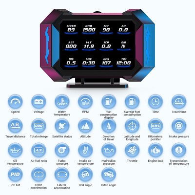 OBD2+GPS HUD Gauge Car Digital Head Up Display Speedometer Turbo RPM Alarm Temp