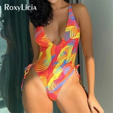 New Printed Deep V Neck Cross Back One Piece Swimsuit Women Swimwear Monokini