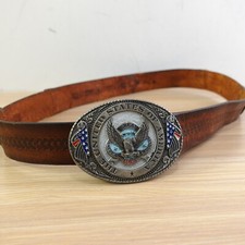 Vintage Western Tooled Leather Belt Mens 36 Brown Heavy Great American Buckle
