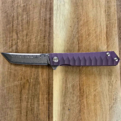 TacKnives Purple Titanium Handle Damascus Blade Tanto Frame Lock Pocket Clip